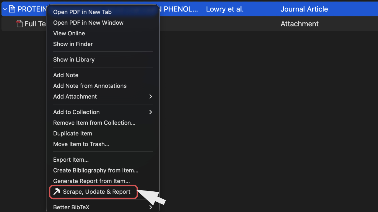 Zotero context menu showing Scrape, Update & Report