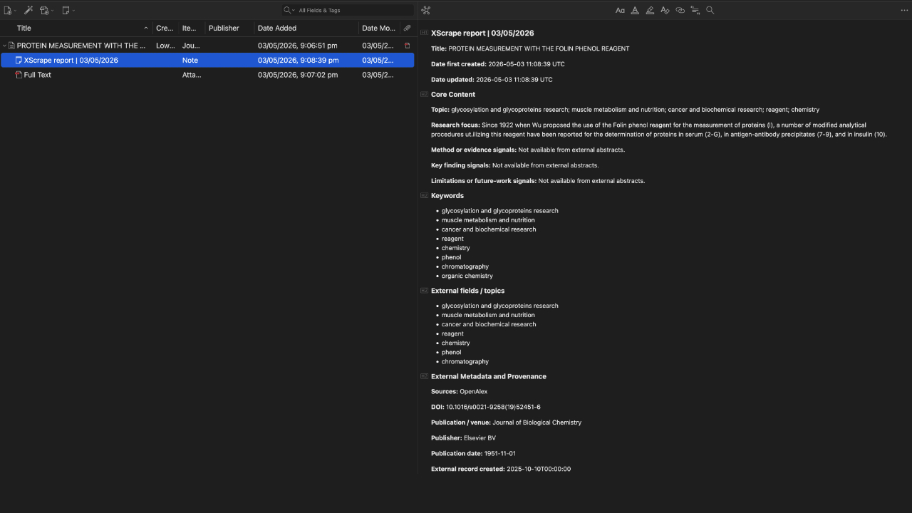 Generated scrape report note in Zotero